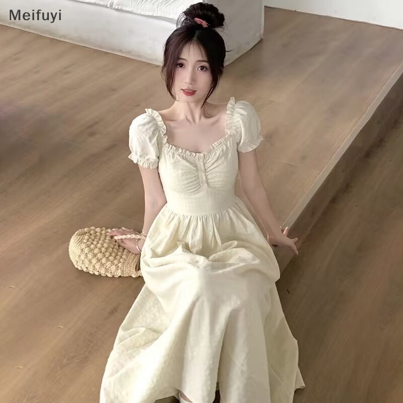 [Meifuyi] Puff Sleeve Dresses Women Midi Sweet Bodycon Summer French Style Ruffles Casual Dress COD