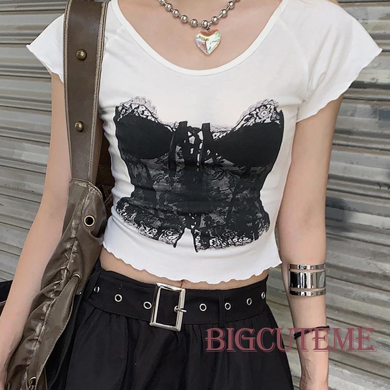 Áo Thun Lửng Tay Ngắn Cổ Tròn Phối Ren 3D Thời Trang Cho Nữ