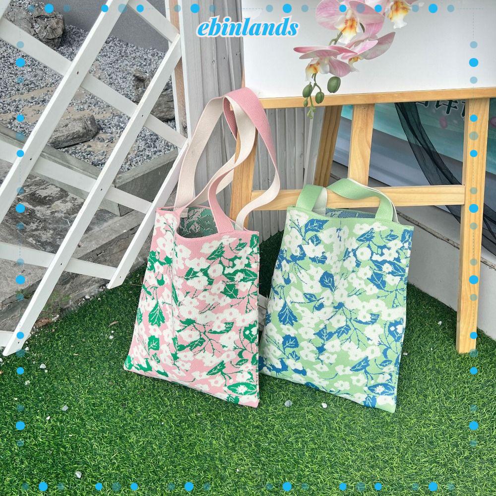 EBINLANDS Túi Xách Đan Len Đính Hoa Sức Chứa Lớn Dễ Thương Cho Nữ