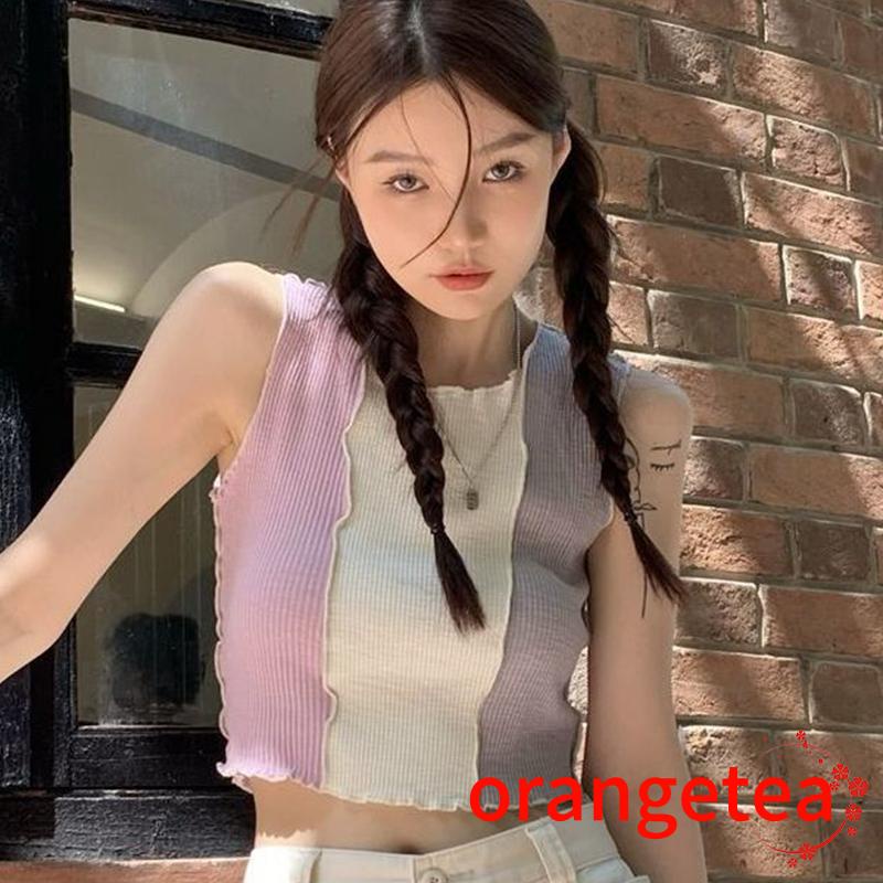 Áo Croptop Sát Nách Cổ Tròn Màu Sắc Tương Phản Thời Trang Mùa Hè Cho Nữ