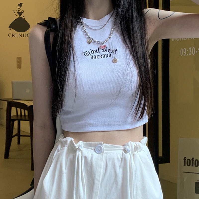 Áo croptop CRLNHC không tay cổ tròn thêu chữ thời trang mùa hè cho nữ