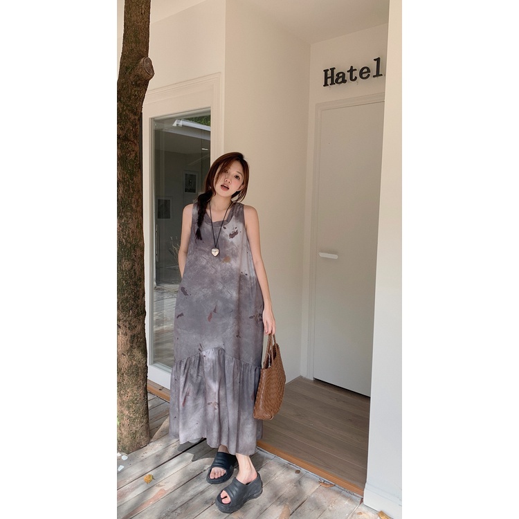 Đầm Dài Không Tay Dáng Rộng Chất Liệu satin Nhuộm Màu Phong Cách retro