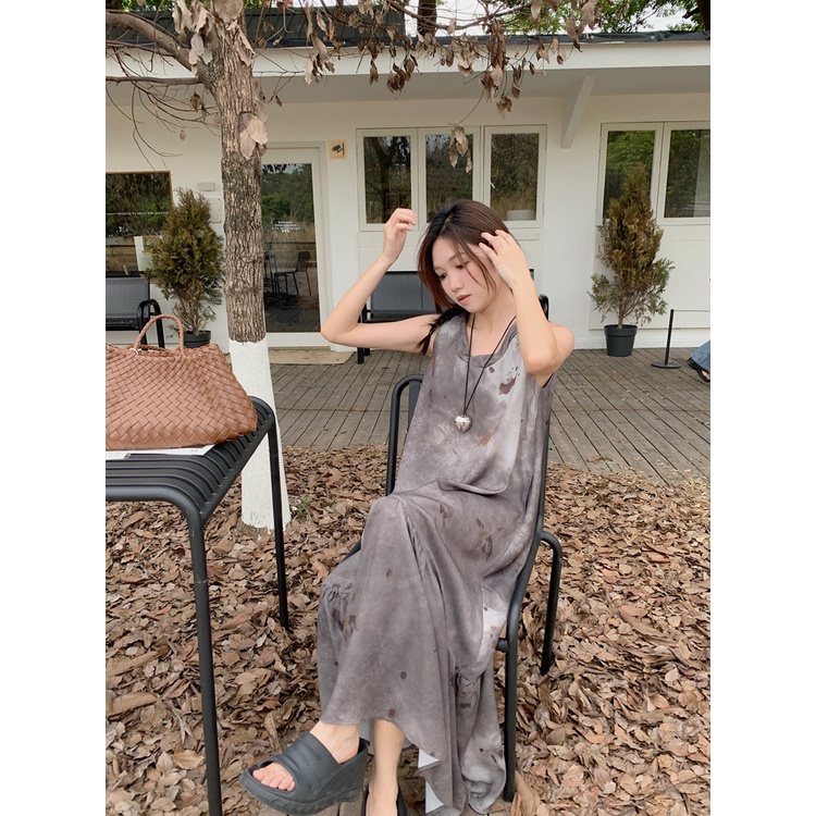 Đầm Dài Không Tay Dáng Rộng Chất Liệu satin Nhuộm Màu Phong Cách retro