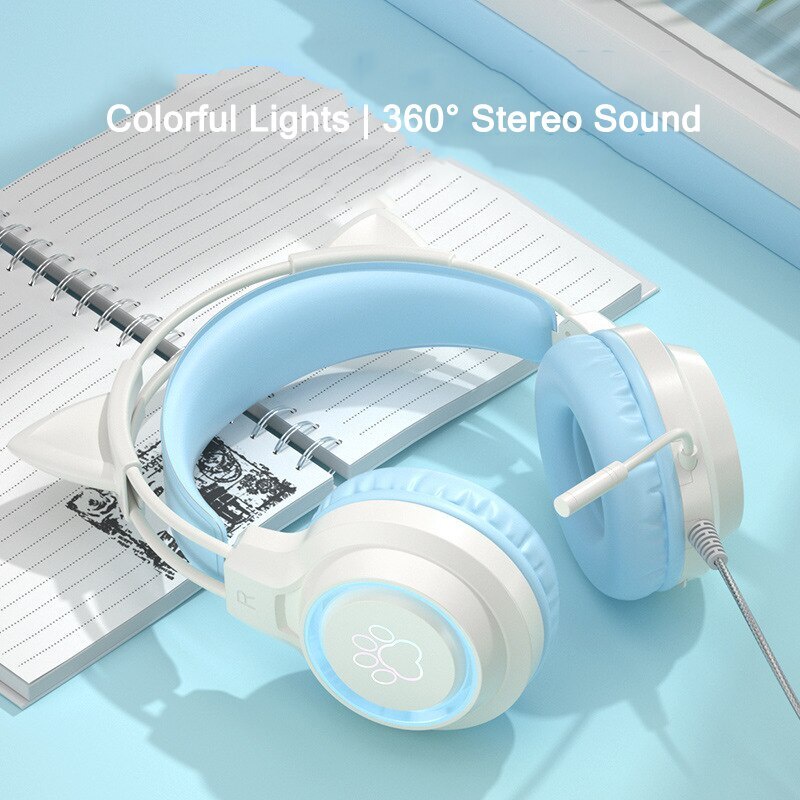 Tai Nghe Chụp Tai Hình Tai Mèo Dễ Thương Có Micro Và Đèn LED Giảm Tiếng Ồn Dành Cho Game Thủ