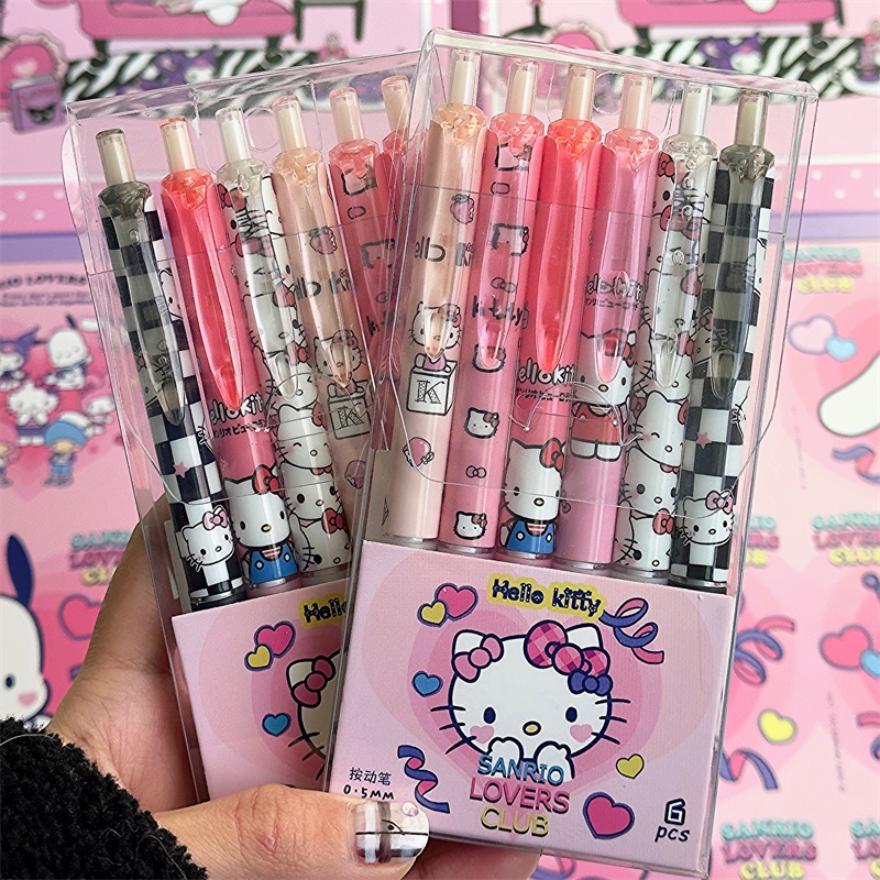 SANRIO Bộ 6 Bút Mực Nước Đen Ngòi St Hình Kuromi Hello Kitty Chất Lượng Cao