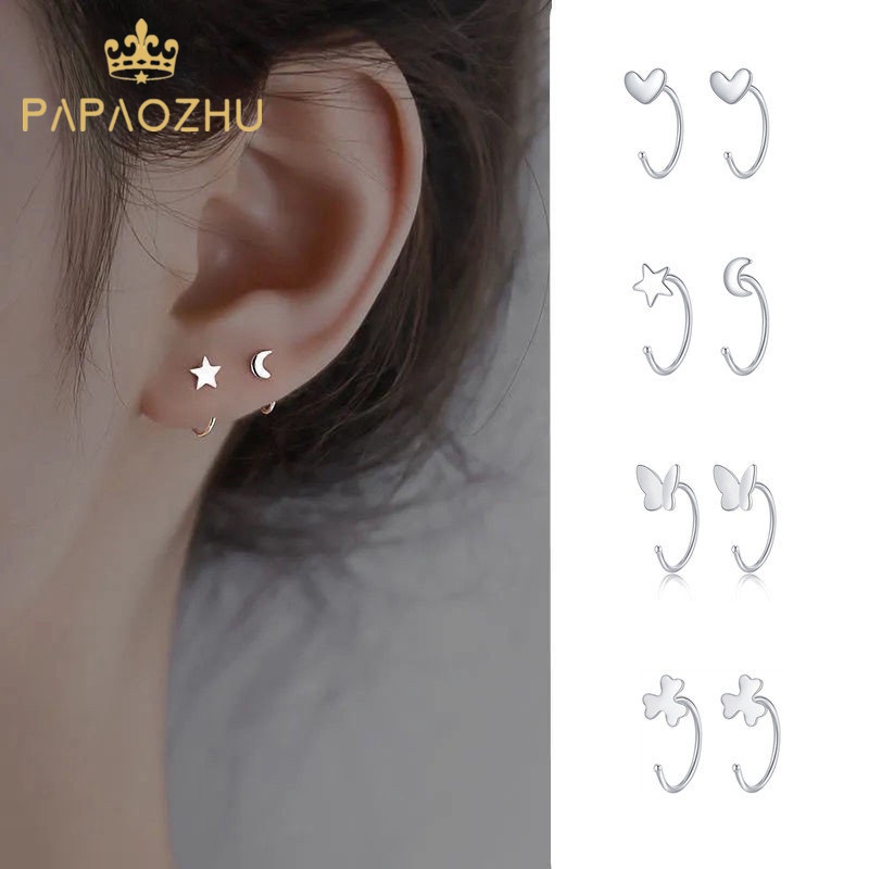 PAPAOZHU Khuyên Tai Bạc s925 Hình Trăng Sao Và Trái Tim Thời Trang Cho Nữ