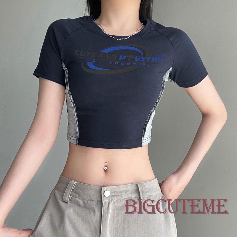 Áo Croptop Tay Ngắn Cổ Tròn In Chữ Màu Sắc Tương Phản Thời Trang Mùa Hè Xinh Xắn Cho Bé Gái