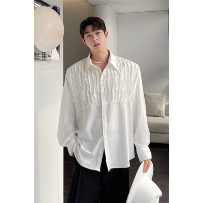 Ins Influencer Blogger Niche Áo Sơ Mi Trắng Xếp Ly Phối Sọc Phiên Bản Hàn Quốc Cho Nam