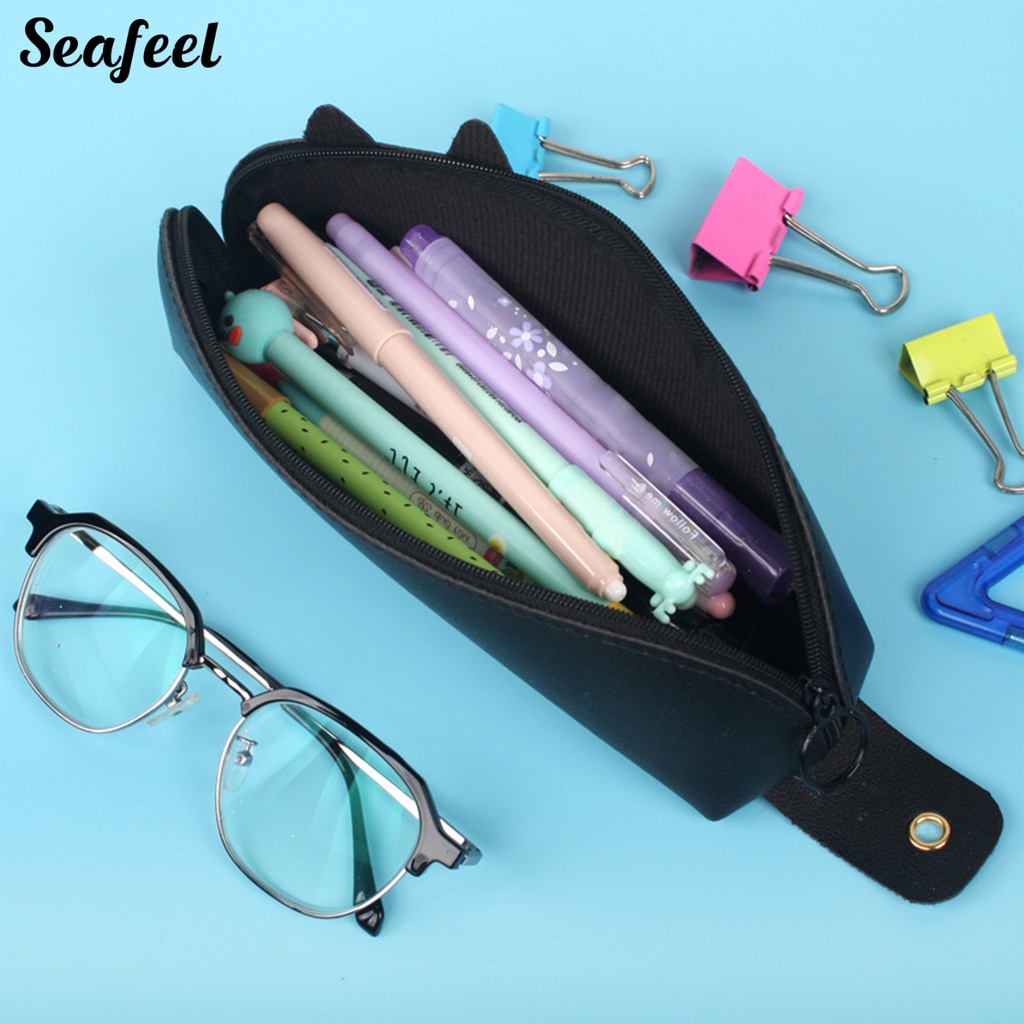 Túi Đựng Bút Giả Da Họa Tiết Mèo Biển Hoạt Hình Dễ Thương Có Khóa Kéo