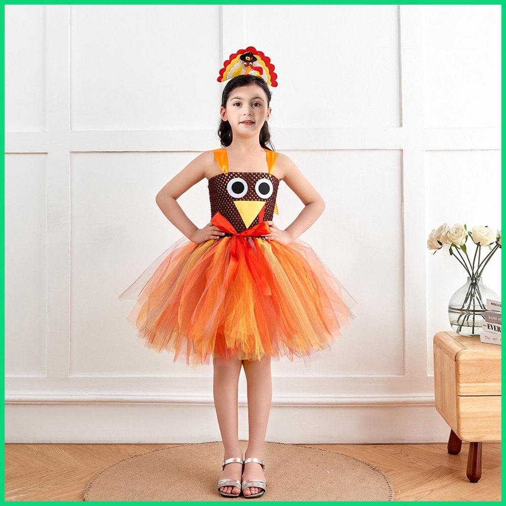 Đầm Xòe Tutu Mềm Mại Thoáng Khí Hóa Trang Lễ Tạ Ơn Gà Tây Đính Nơ Cho Bé Gái