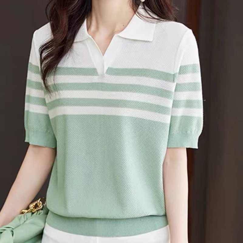 Multiplication top 2023 phong cách mới polo collar ice silk short-sleeved t-shirt phụ nữ mùa hè sọc che bụng lụa đan áo sơ mi nhỏ q