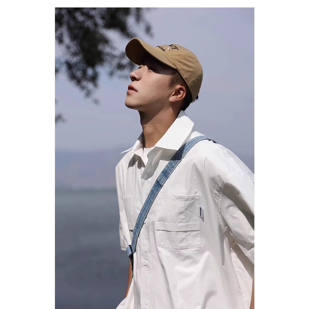 Áo Sơ Mi Tay Ngắn Màu Trơn Đơn Giản Phong Cách Đường Phố Mỹ Nhật Bản Thời Trang Mùa Hè Mới Cho Nam