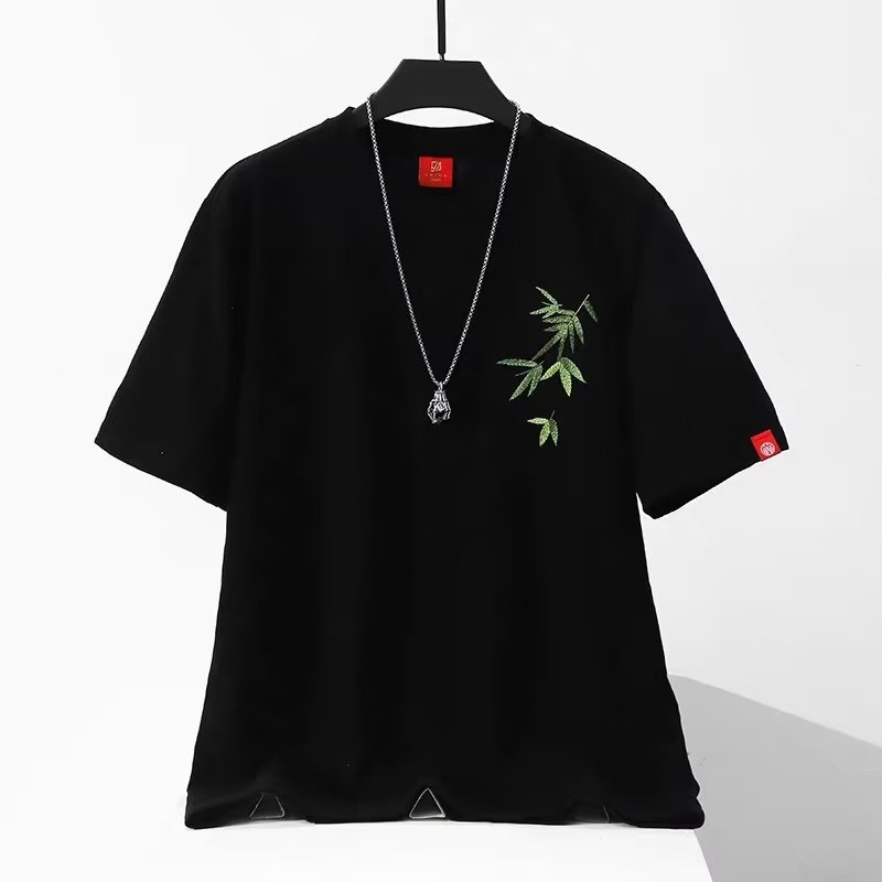 Áo Thun Tay Ngắn Dáng Rộng Thêu Hình Lá Tre Thời Trang Cá Tính Cho Nam