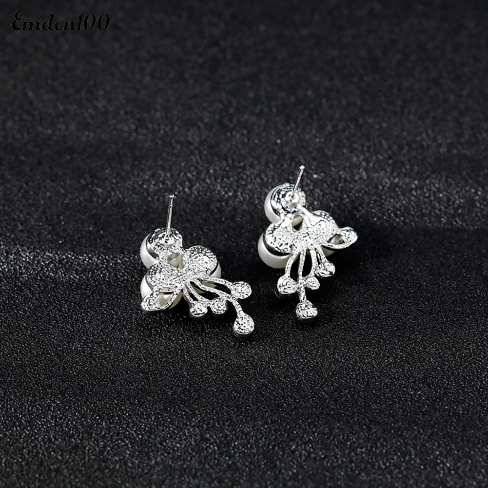 Bộ Vòng cổ + Bông Tai Đính Đá &amp; Ngọc Trai Nhân Tạo Hình Hoa Cho Nữ