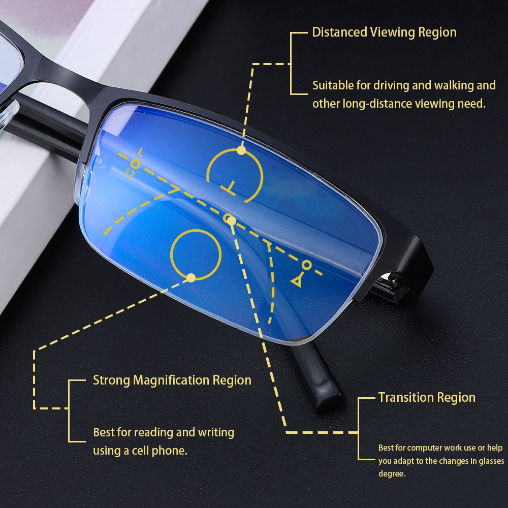Classic Semi-Rimless Frame Progressive Multifocus Reading Glasses Men & Amplier; Blue GlassPresbyteriaFemale Readers