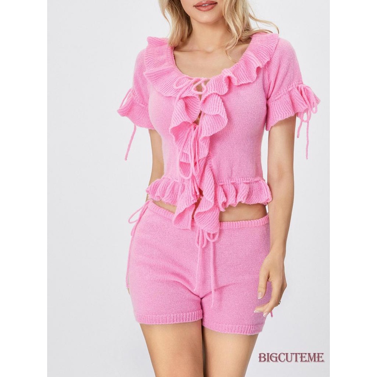 Set Đồ Mùa Hè 2 Món Gồm Áo Dệt Kim Tay Cộc Cắt Viền Bèo + Quần Ngắn Co Giãn Cho Nữ