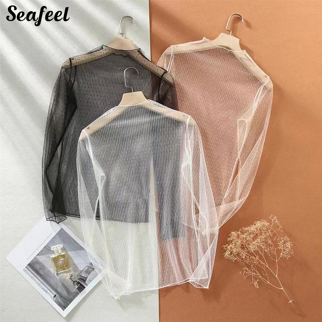 Áo Sơ Mi Vải Ren Mỏng Xuyên Thấu Mềm Mại Cổ Cao Dài Tay Thời Trang Mùa Hè Dành Cho Nữ