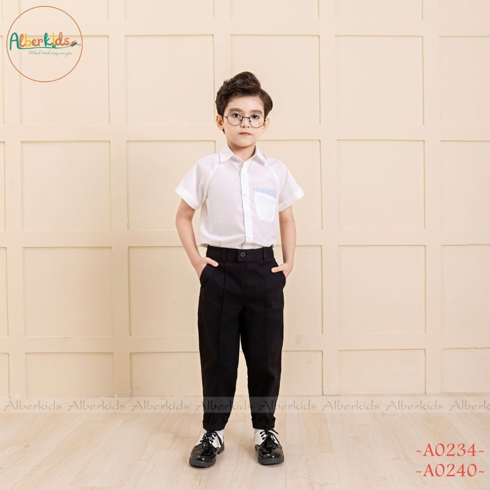 Sét đồ đi học bé trai ALBERKIDS áo phối túi xanh quần dài đen cho trẻ em 4,5,6,7,8,9,10,11,12 tuổi [A0234-A0240]