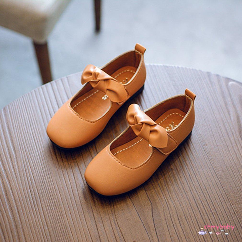 Solid Color Children PU Leather Shoes with Removable Bowknot Decor for Girls