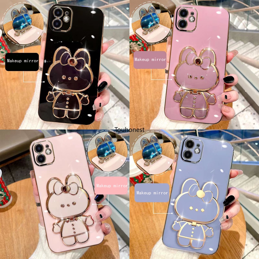 For Apple Ốp Lưng iPhone 12 Pro Max Case iPhone 7 Plus Ốp ĐiệN ThoạI iPhone 13 Mini Casing iPhone 8 Plus Case iPhone SE Case iPhone XR Case Cute Bunny Bracket Cartoon Stand Vanity Mirror Rabbit Holder Phone Cover Cassing Cases Case KT
