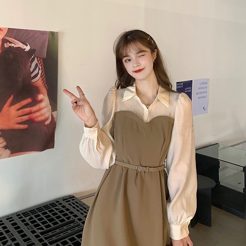 Đầm Chữ A Mỏng Tay Dài Cổ Polo Ghép Nối Kiểu Pháp Đơn Giản Thời Trang Xuân Thu Cho Nữ