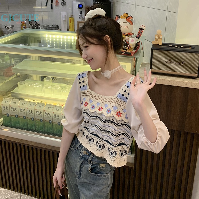 Áo Dệt Kim Tay Ngắn Cổ Vuông Thêu Họa Tiết Rỗng Kiểu Retro Thời Trang Mùa Hè