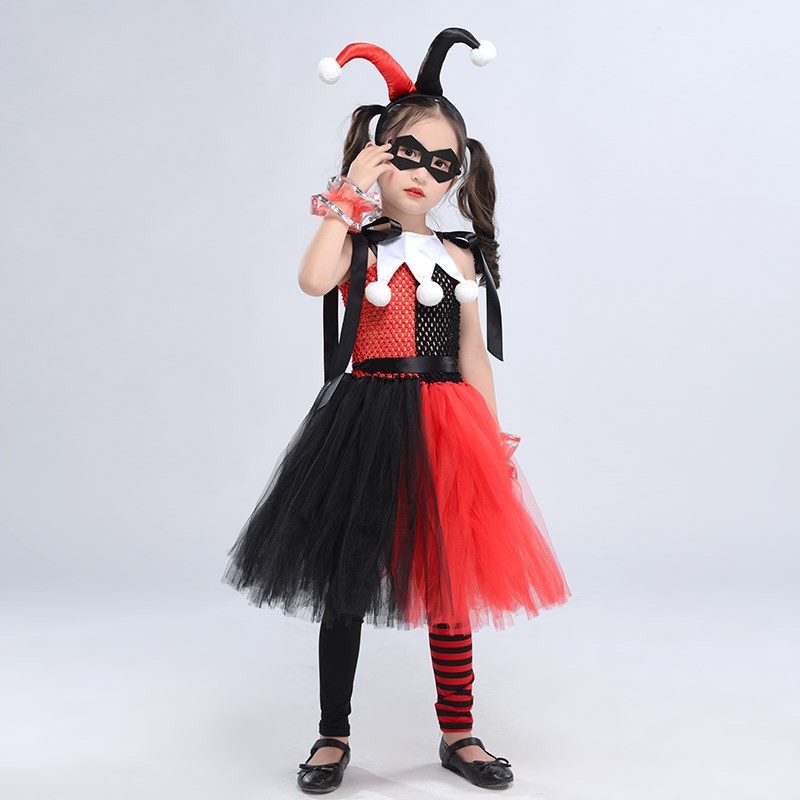 Harley quinn cosplay trang phục cho bé gái chú hề joker tutu dress cho trẻ em cô gái với băng đô vớ màu đen đỏ tiệc sinh nhật vestido