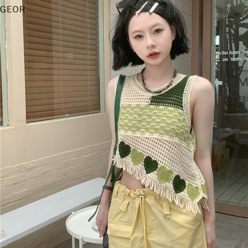 Áo Dệt Kim Sát Nách Cổ Tròn Thêu Họa Tiết Khoét Lỗ Thời Trang Mùa Hè Cho Nữ