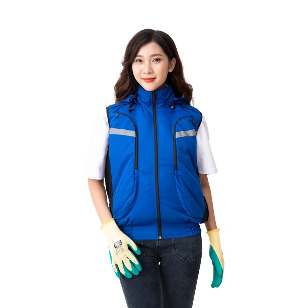 Áo khoác quạt điều hoà ghile Nhật Bản Yamako, áo có mũ tháo rời màu xanh