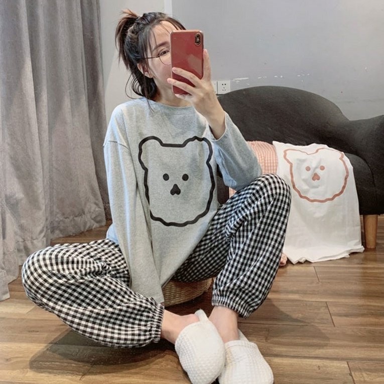 Phụ nữ mùa xuân và mùa thu phim hoạt hình dễ thương con chó con in quần dài tay đồ ngủ học sinh
