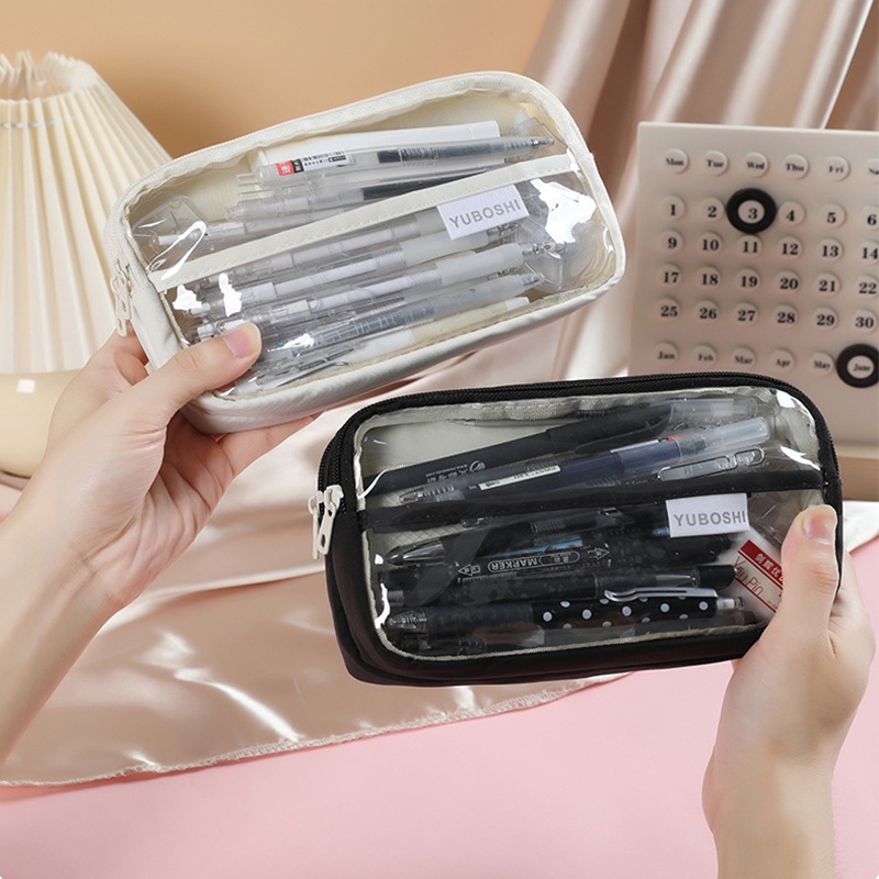 Túi Đựng Bút 3 Ngăn Trong Suốt Có Khóa Kéo Sức Chứa Lớn Họa Tiết Thiên Thần Dễ Thương