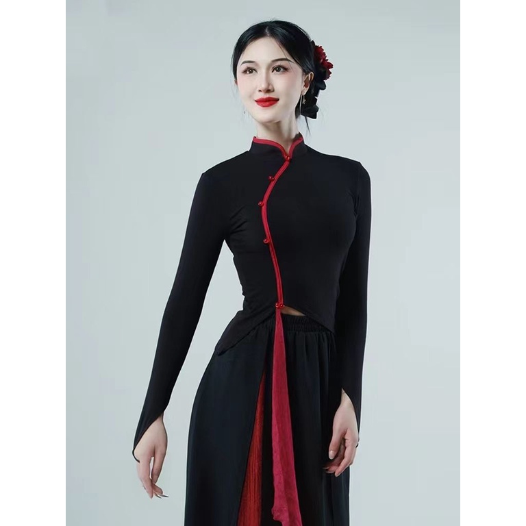 Áo Sườn Xám Ngắn Tay Màu Đen Phong Cách Trung Hoa Cổ Điển Cho Nữ Tập Múa