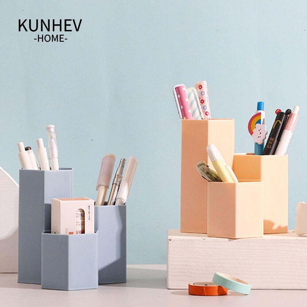 KUNHEV Hộp Đựng Bút Hình Lục Giác Ba Ngăn Để Bàn Văn Phòng