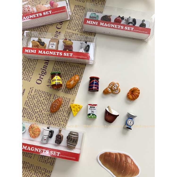 Bộ Miếng Dán Nam Châm Mini Họa Tiết Cà Phê / Bánh Mì / Burger Dễ Thương Dùng Trang Trí Tủ Lạnh