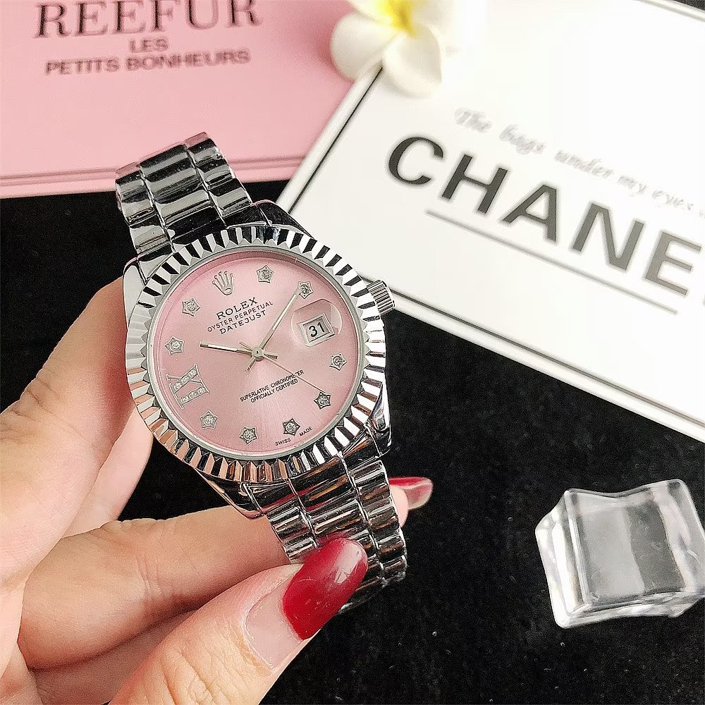 Đồng Hồ Rolex Mặt Tròn Đính Kim Cương Dây Da Thép Không Gỉ Thời Trang Cho Cặp Đôi