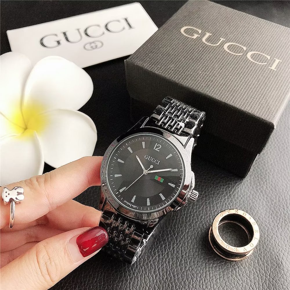 Đồng hồ đôi Mặt Tròn Họa Tiết Gucci Dây Da Thép Không Gỉ Thời Trang Cho Nam Và Nữ