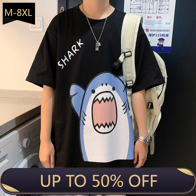 áo phông nam big size có size lớn M-8xl Áo thun unisex nam nữ form rộng tay lỡ phông In Hình Cá Mập Hoạt Hình Phong Cách Retro Dành Cho Nam