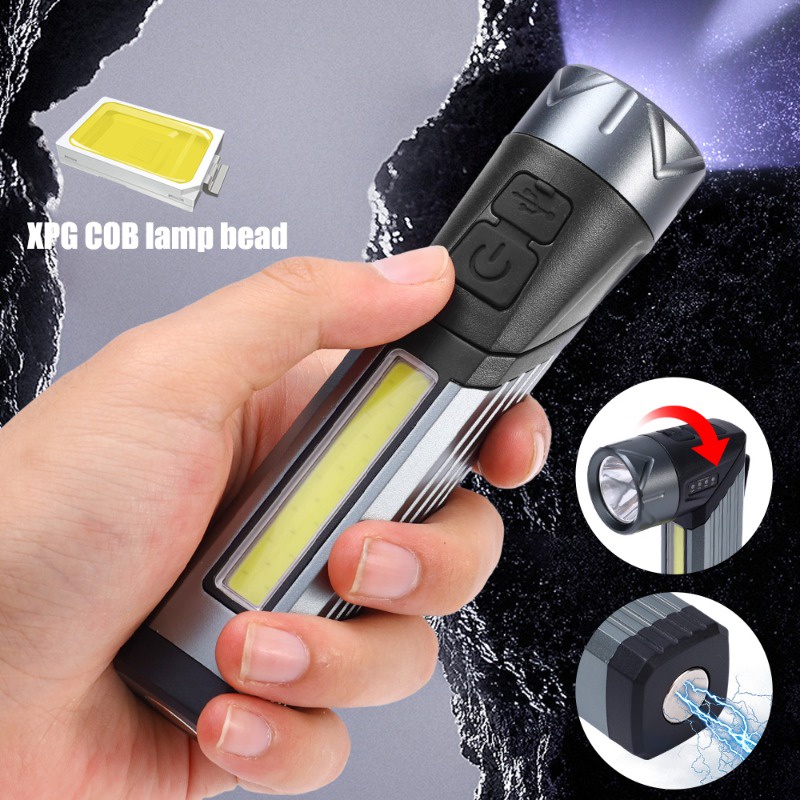Đèn pin góc xpg + cob siêu sáng đèn pin sạc usb với nam châm đèn có thể điều chỉnh chống thấm nước đầu cắm trại