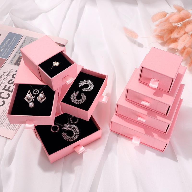 5 cái hộp trang sức phong cách kéo ra, hộp bao bì vòng cổ màu hồng sáng tạo, bông tai phong cách châu âu, hộp ngăn kéo trang sức hỗ trợ bên trong