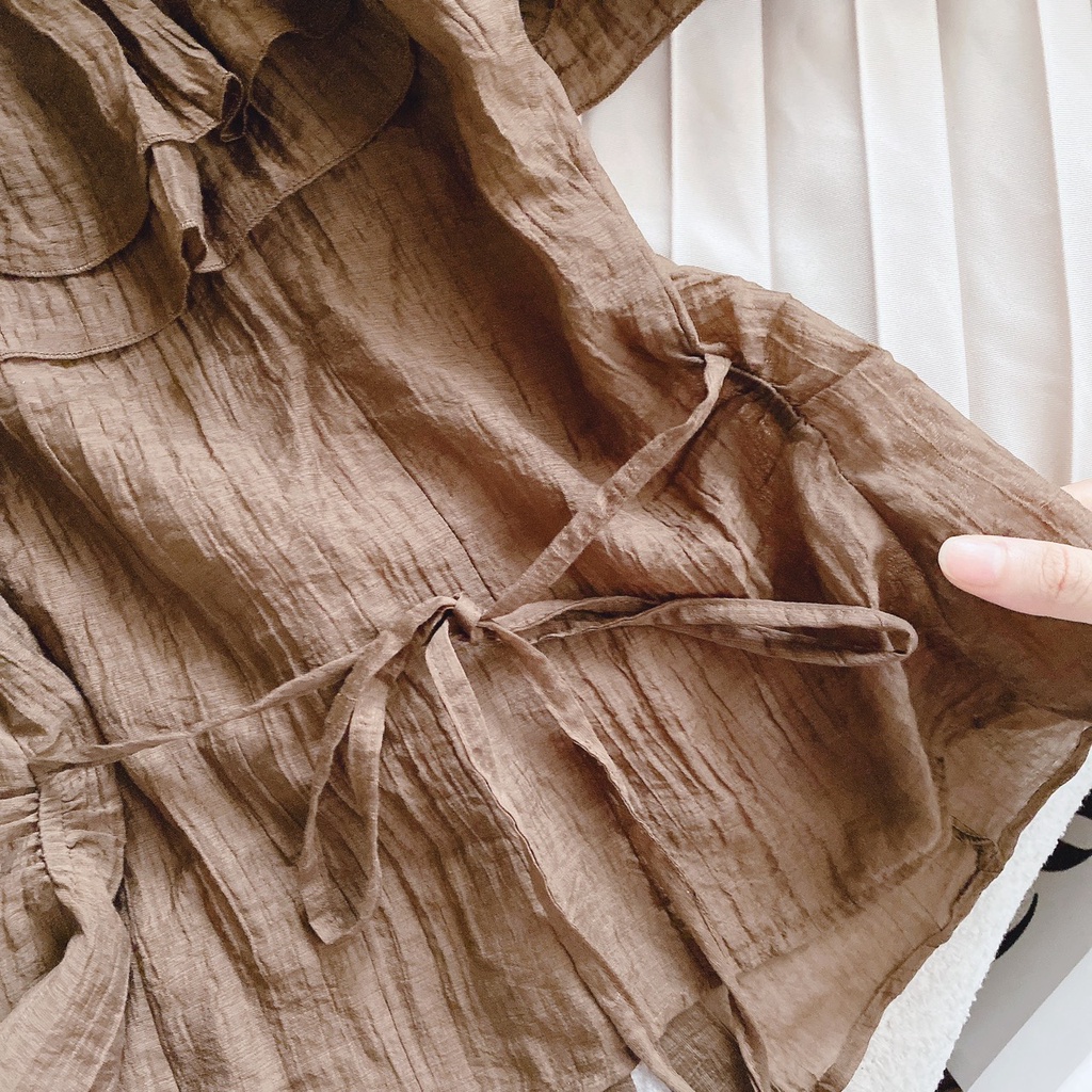 Set nâu trễ vai tay loe+chân váy midi dập ly