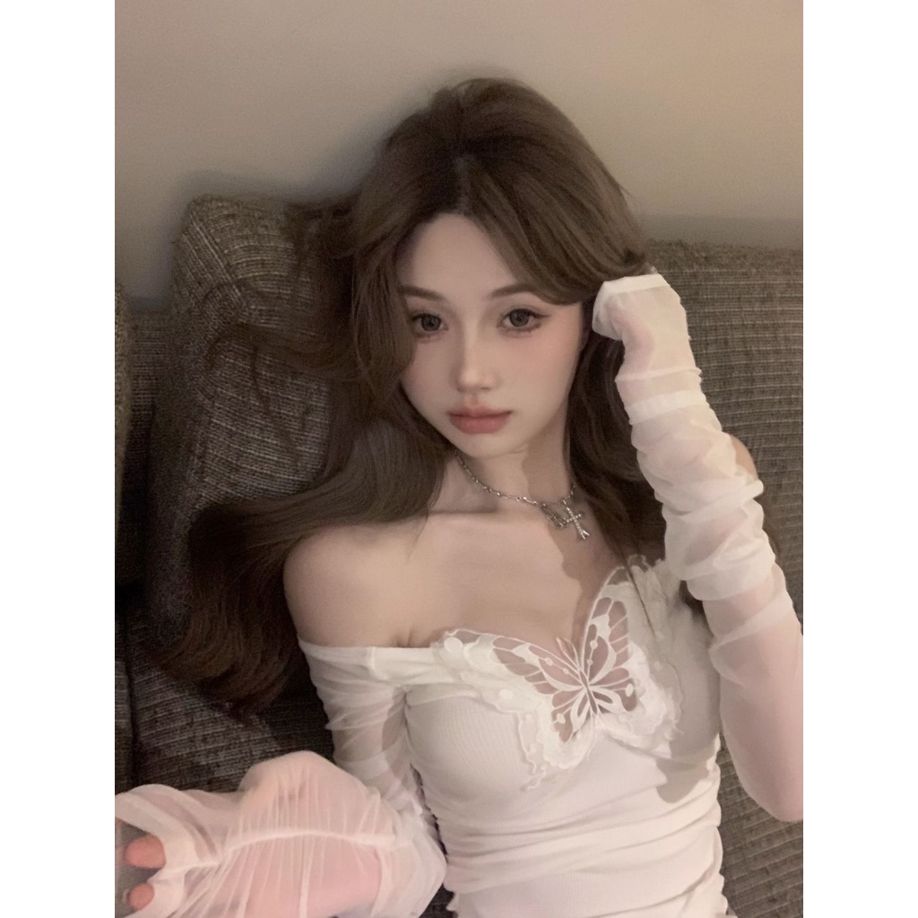 One Áo Thun Tay Dài Trễ Vai Phối Lưới Hình Bướm Thời Trang Mùa Hè Quyến Rũ Cho Nữ