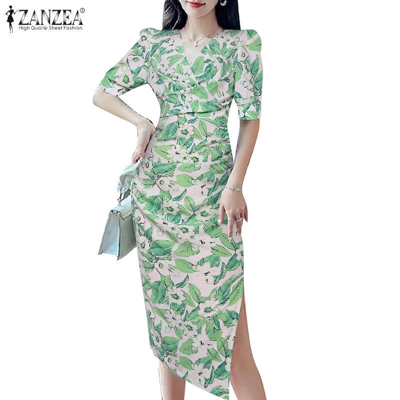 Đầm ZANZEA cổ chữ V tay ngắn phong cách Hàn Quốc thanh lịch thời trang dành cho nữ