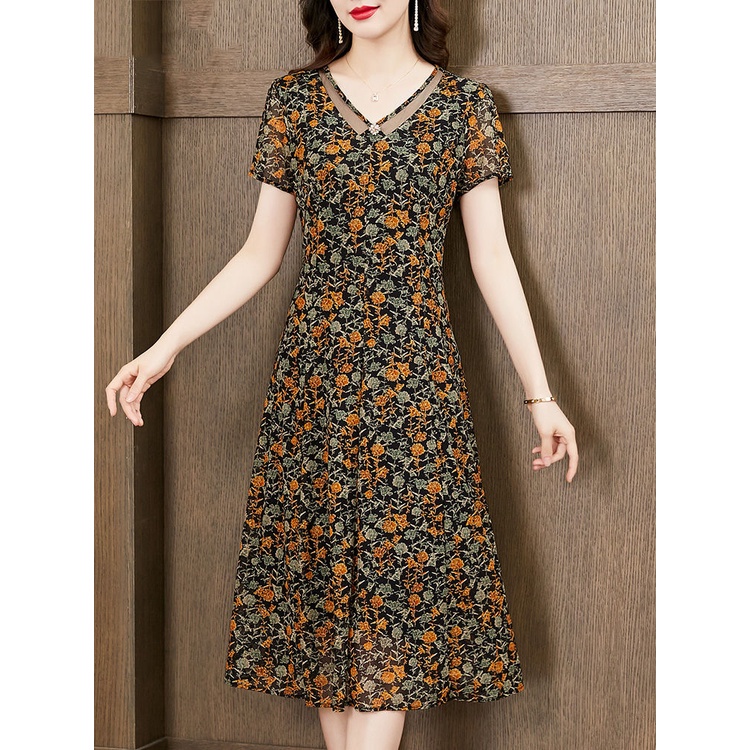 Đầm Tay Ngắn Che Bụng In Hoa Phong Cách Phương Tây Cổ Điển Thời Trang Cho Nữ Trung Niên 2023