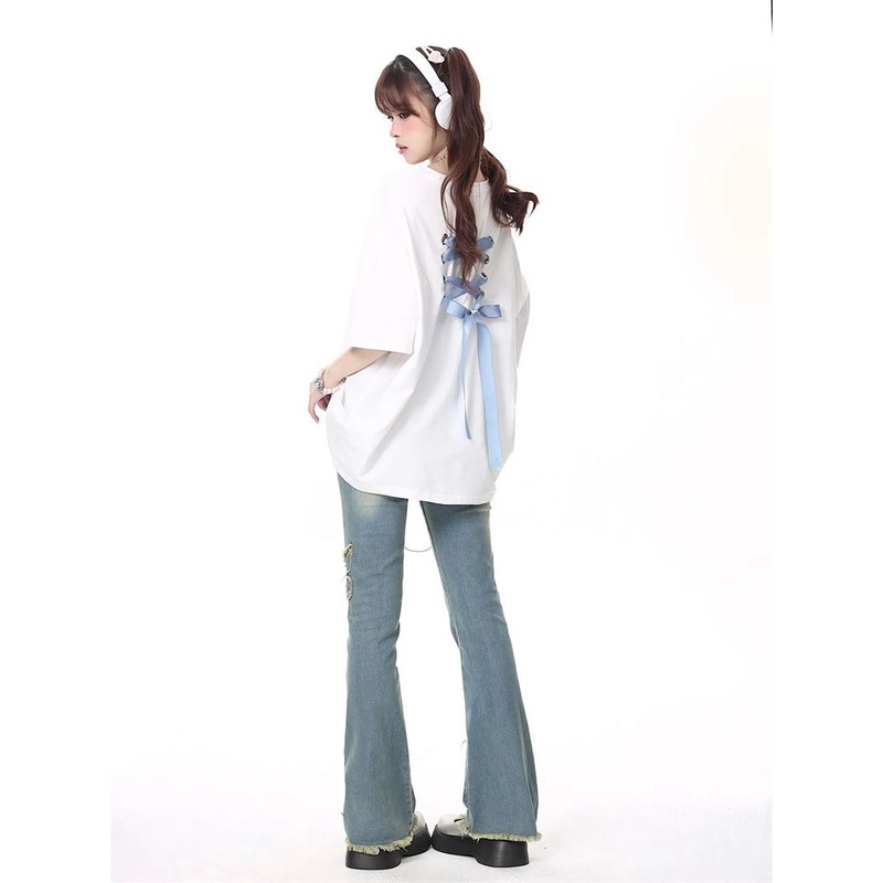 Nữ nơ tie in ngắn tay t-shirt lỏng trung bình chiều dài t-shirt top