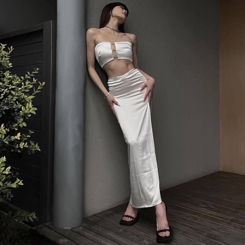 Bộ Áo Ống + Chân Váy Satin Lưng Cao Xẻ Tà Thời Trang Quyến Rũ Cho Nữ