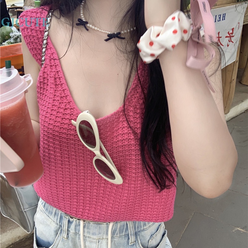 Áo Dệt Kim Sát Nách Cổ Tròn Màu Trơn Thời Trang Mùa Hè Cho Nữ