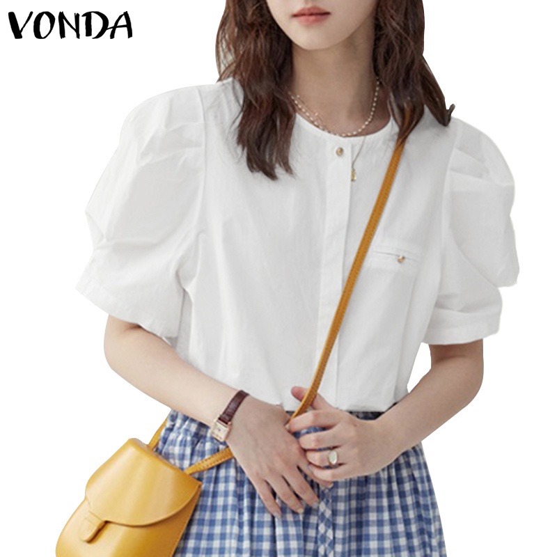 Áo VONDA tay phồng ngắn cổ tròn màu trơn phong cách Hàn Quốc thời trang dành cho nữ