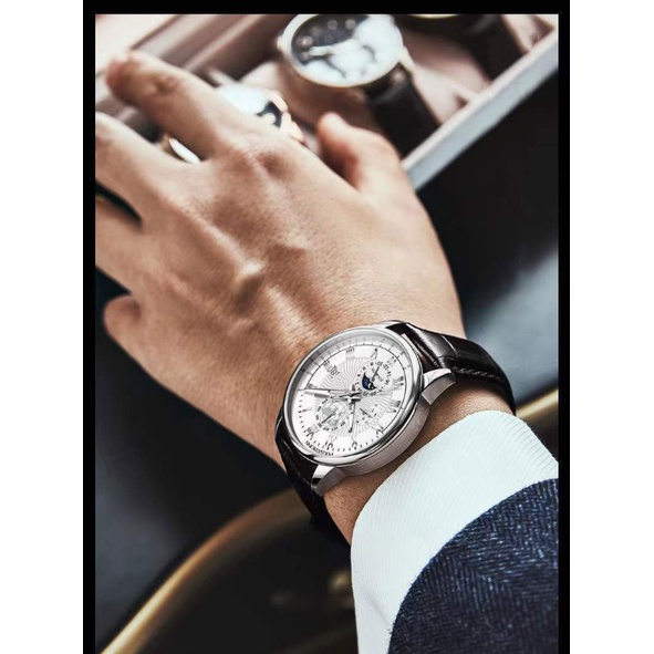 Popkozzi men'sluminous calendar đồng hồ thông thường da thạch anh đồng hồ đeo tay thời trang không thấm nước