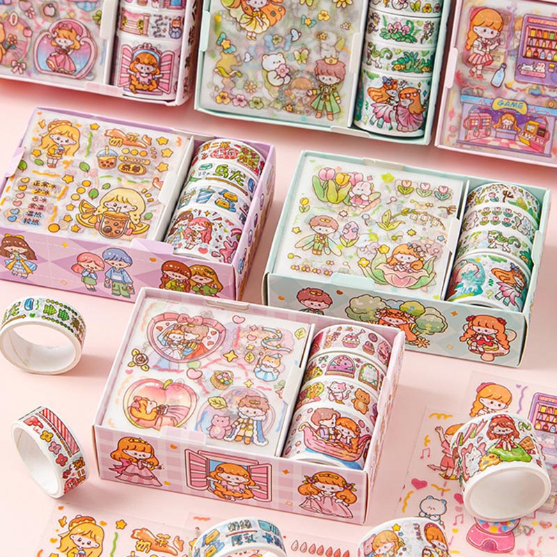Hộp 8 món băng keo dính Washi tape + sticker dán trang trí sổ lưu niệm DIY hoa tiết hoạt hình cute OUYOUVN