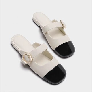 Sục Giày bệt mules mũi vuông CnK quai ngang đính khuy hoa Patent Pearl Buckle milana SUC - 018